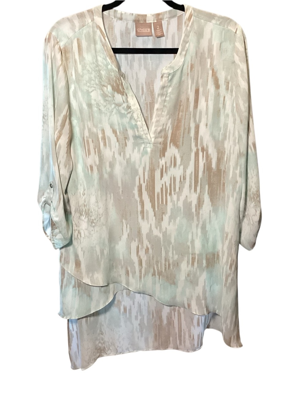 Chico's Mint and Beige Abstract V-Neck Tunic